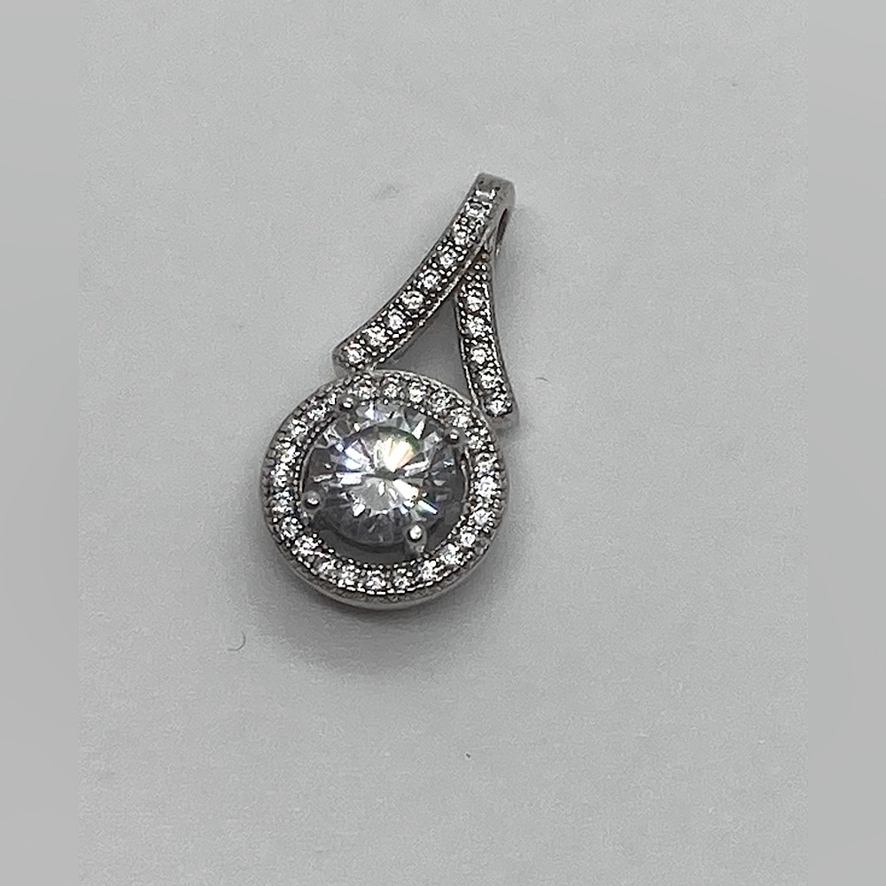 Vtg 925 Sterling Silver & CZ Stone Solitaire Halo Art Deco Style Pendant | 17mm